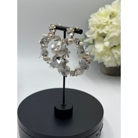J. Crew White Pearl, Crystal, Sequin Hoop Statement DoorKnocker Earrings Bridal - Picture 7 of 12